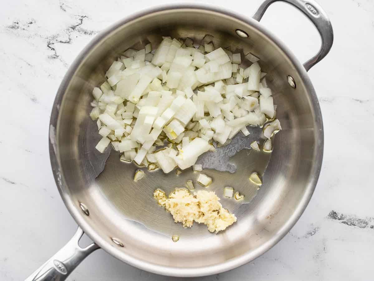 Onion and garlic in a skillet with oil.