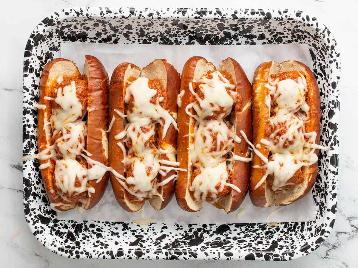 Baked meatball subs in the baking dish.