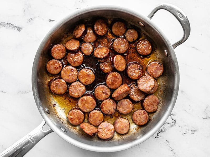 Sautéed Andouille in the skillet