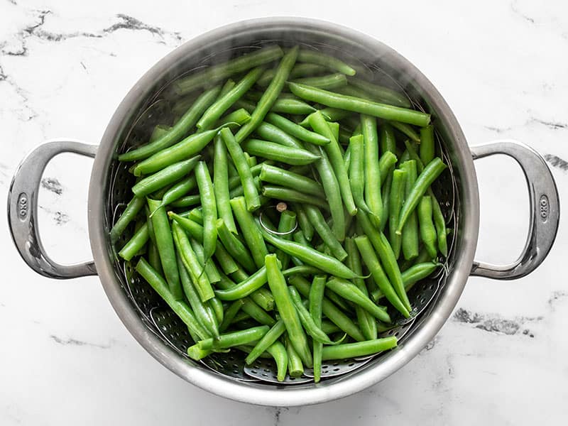 Steamed green beans in the pot