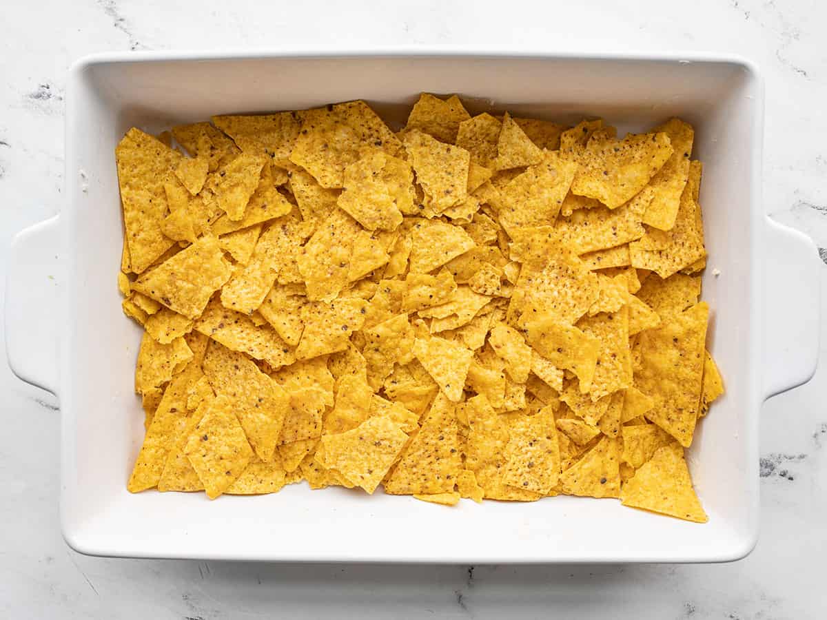 tortilla chips added to the casserole dish