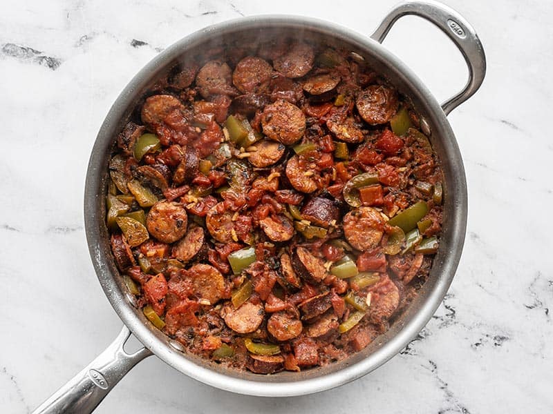 Simmered sausage and rice skillet