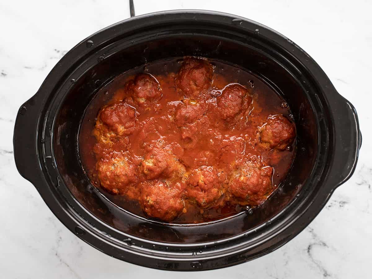 Slow cooked meatballs in the slow cooker.