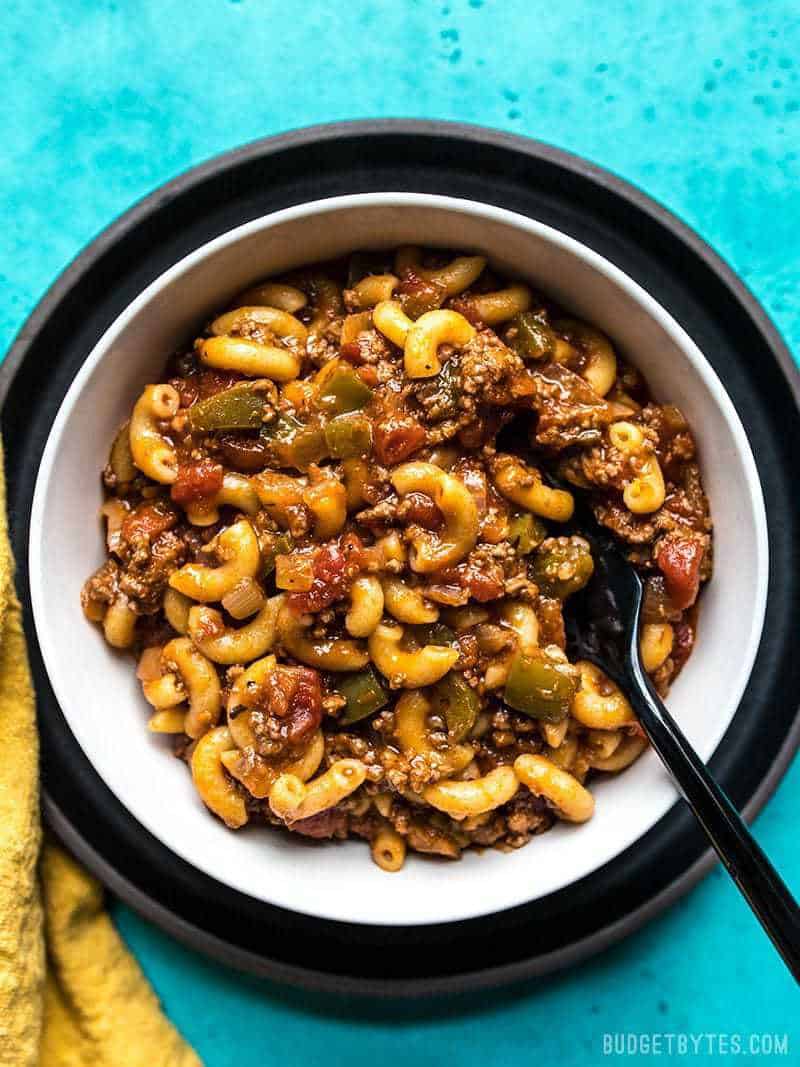 A bowl of warm and comforting One Pot American Goulash with Red Wine Sauce