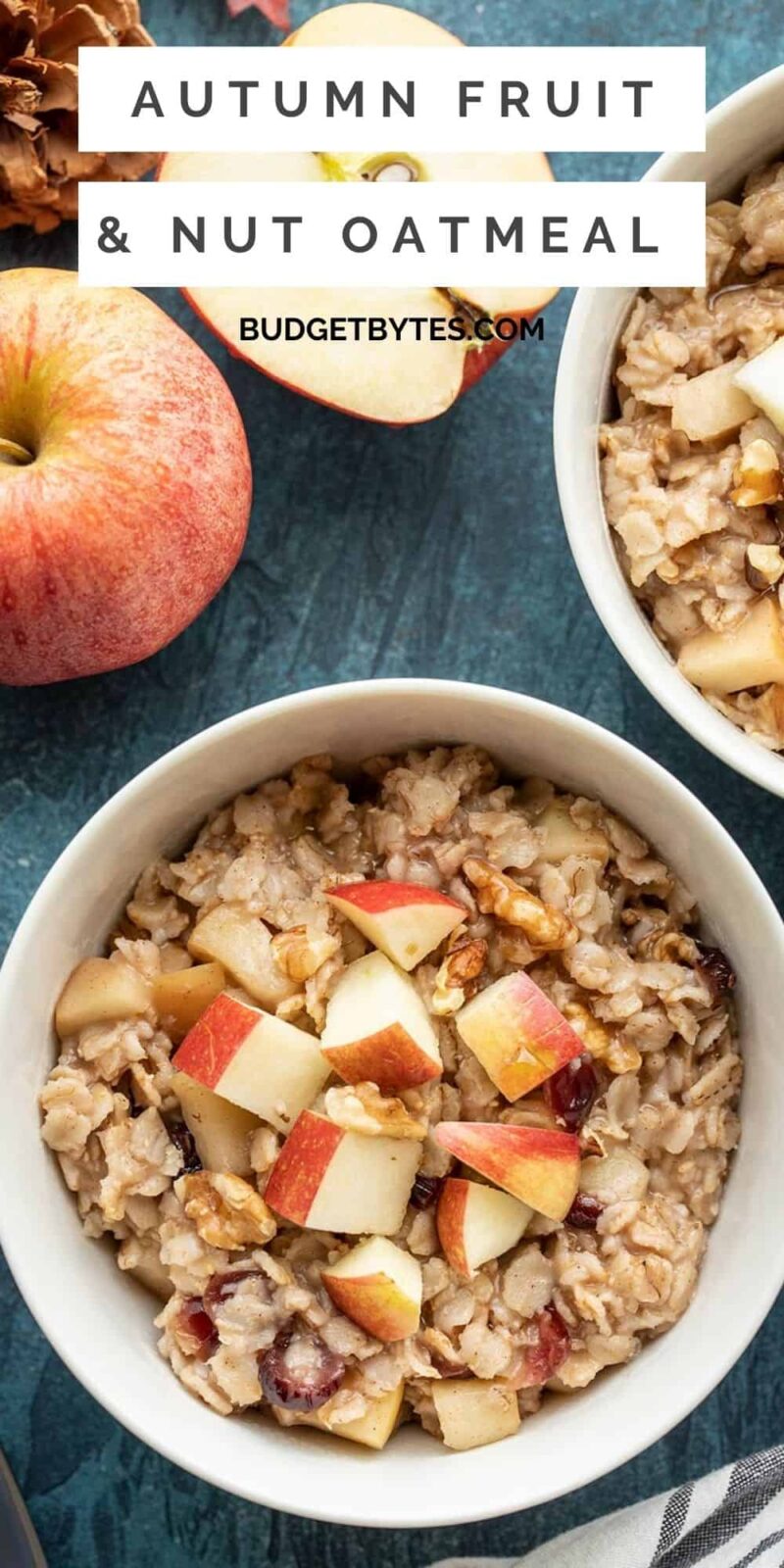Two bowls of autumn fruit and nut oatmeal, title text at the top