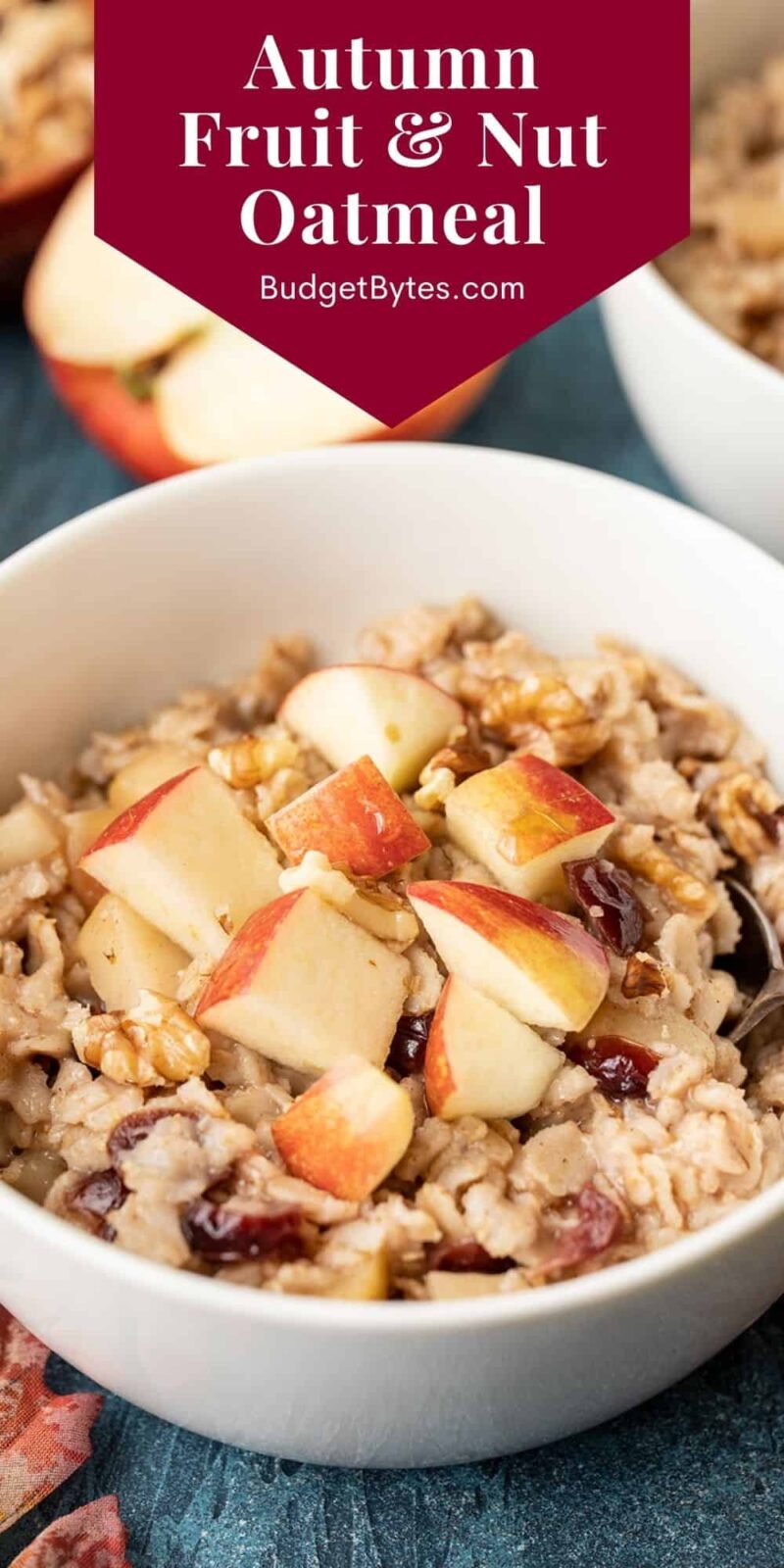Close up side view of a bowl of autumn fruit and nut oatmeal, title text at the top