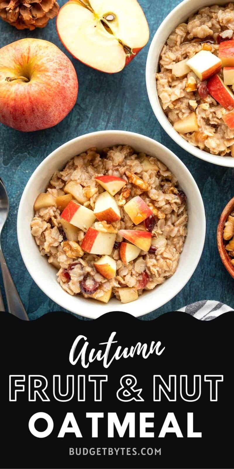 Two bowls of autumn fruit and nut oatmeal, title text at the bottom