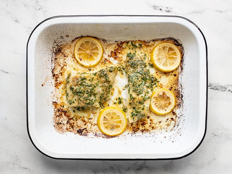 Finished Baked Cod in the baking dish