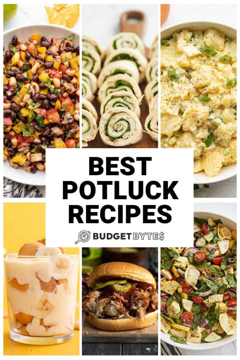collage of potluck recipes with title text in the center.