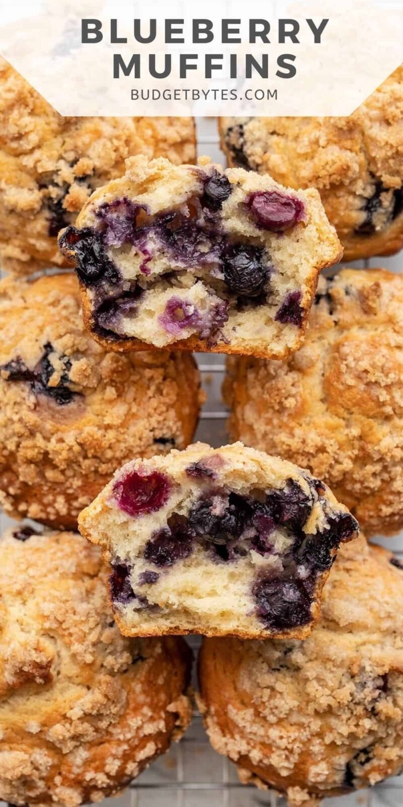 Overhead view of baked blueberry muffins with one torn open.