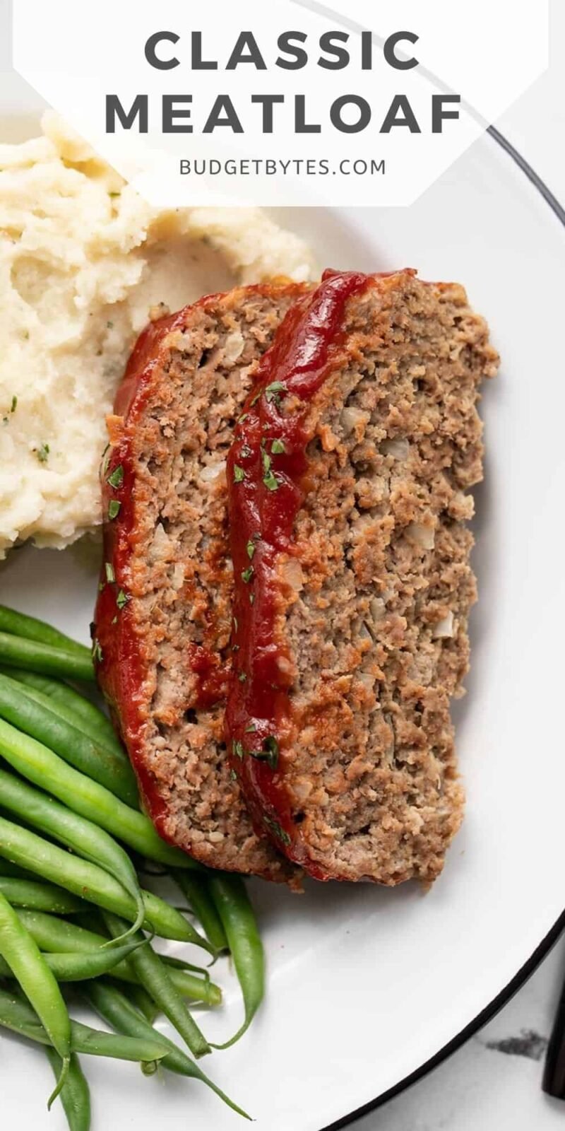 two slices of meatloaf on a plate with title text at the top