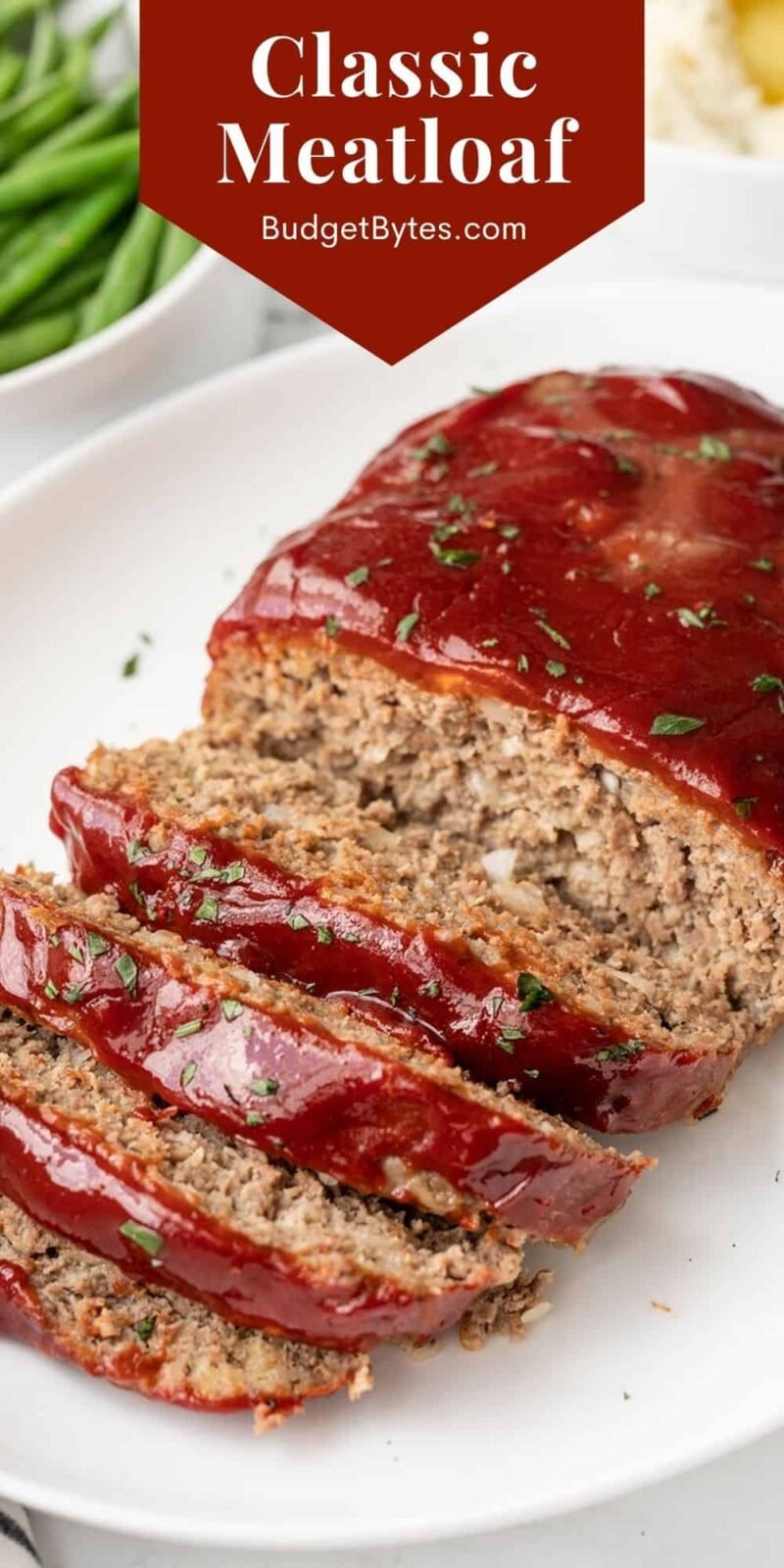 side view of a sliced meatloaf, title text at the top