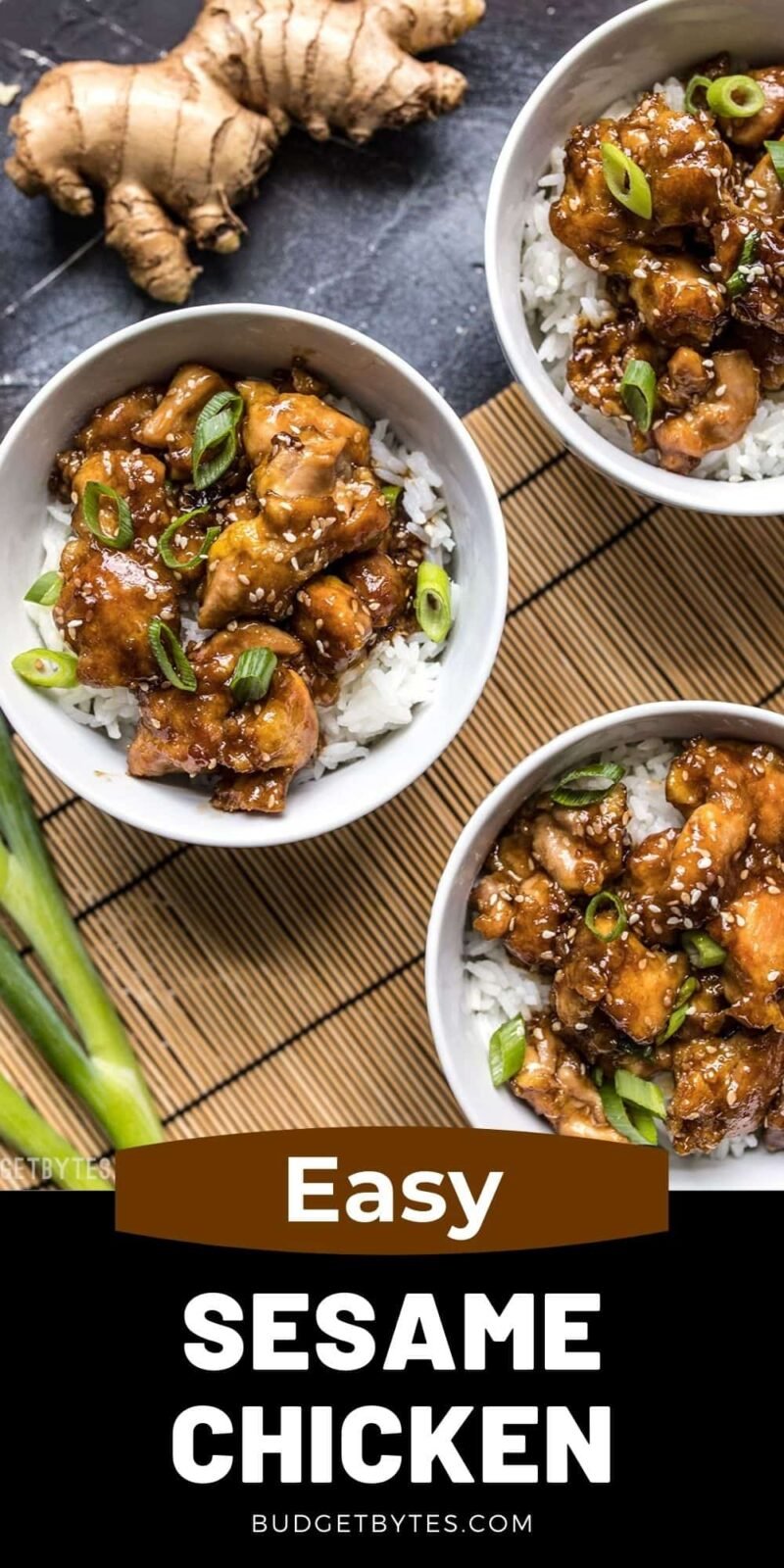 Three bowls of sesame chicken and rice, title text at the bottom