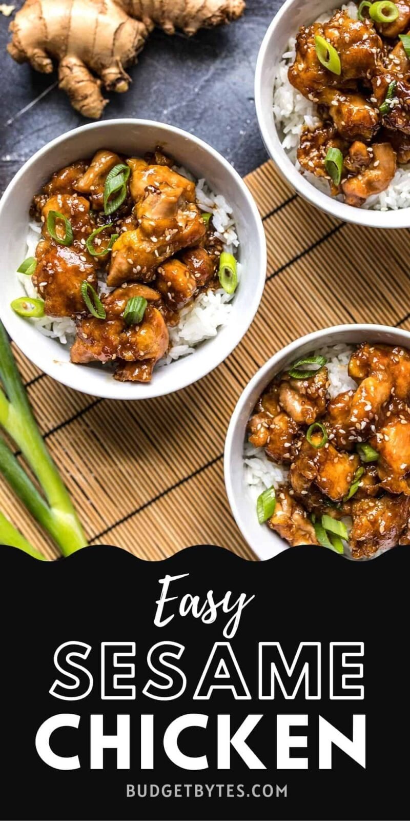 three bowls of sesame chicken with rice, title text at the bottom