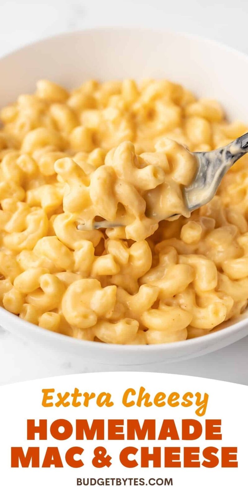 Side view of a bowl of mac and cheese, title text at the bottom