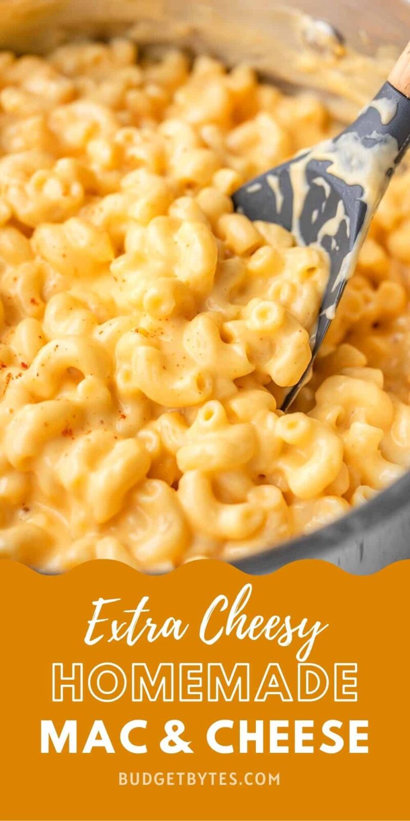 side view of mac and cheese in the pot, title text at the bottom