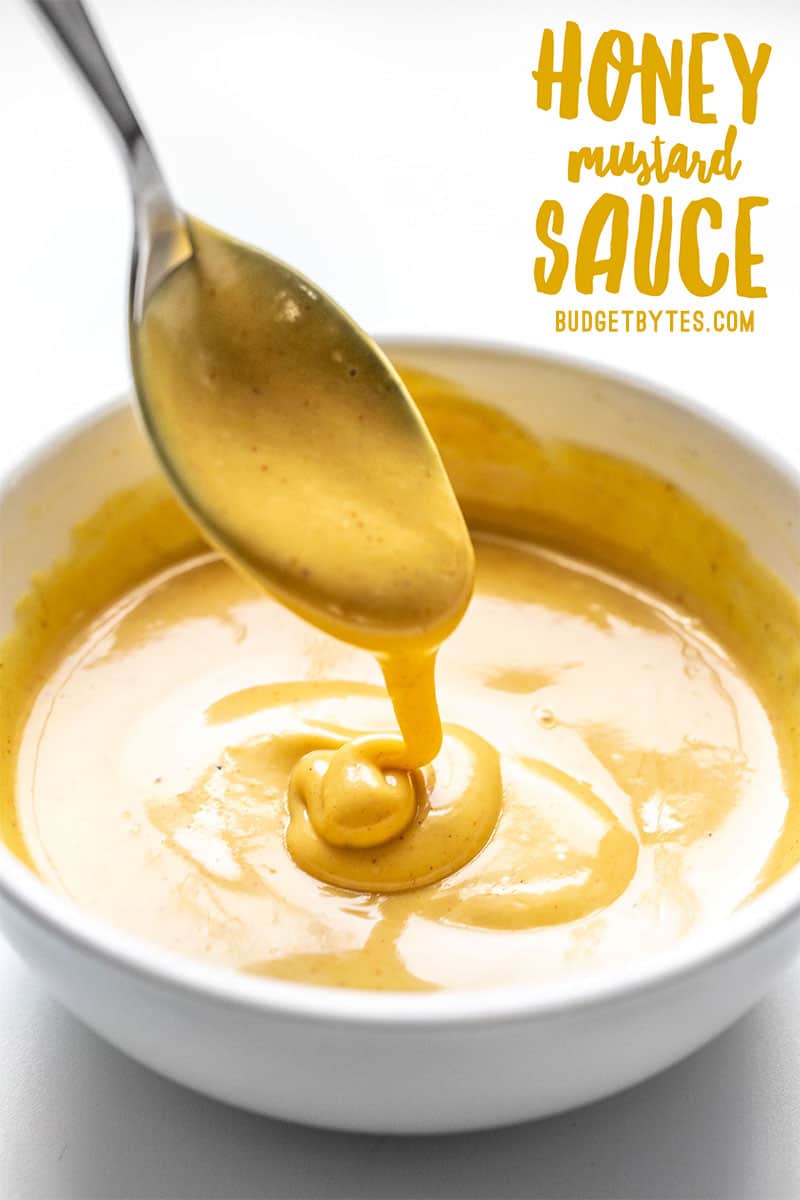 Honey Mustard Sauce dripping off a spoon into a bowl, title text overlay in the corner.