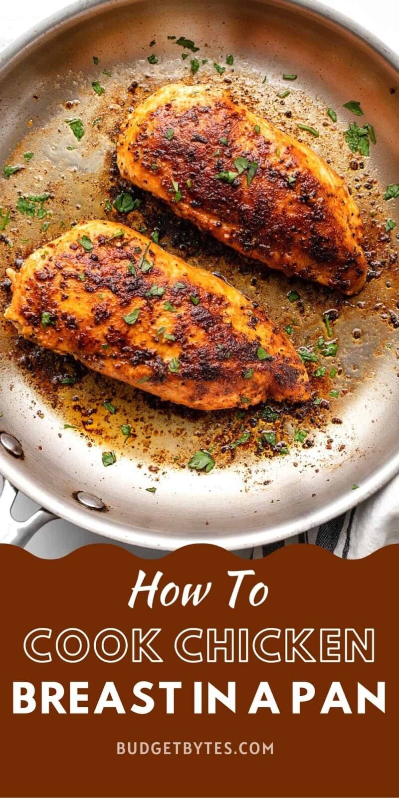Cooked chicken breast in a skillet, title text at the bottom