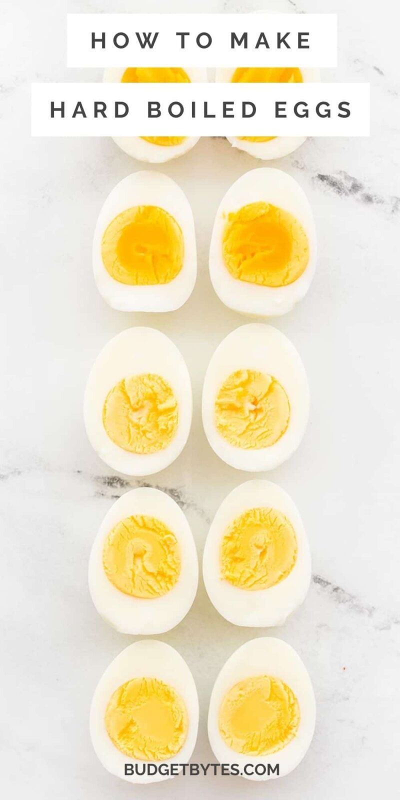lineup of boiled eggs from softest to hardest, title text at the top