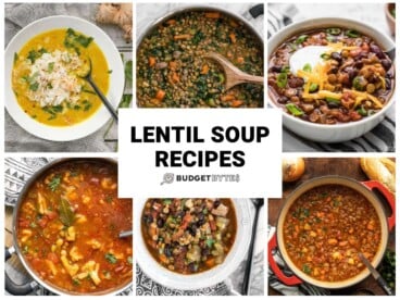 A collage of six different lentil soups and stews with text in the center of the image.