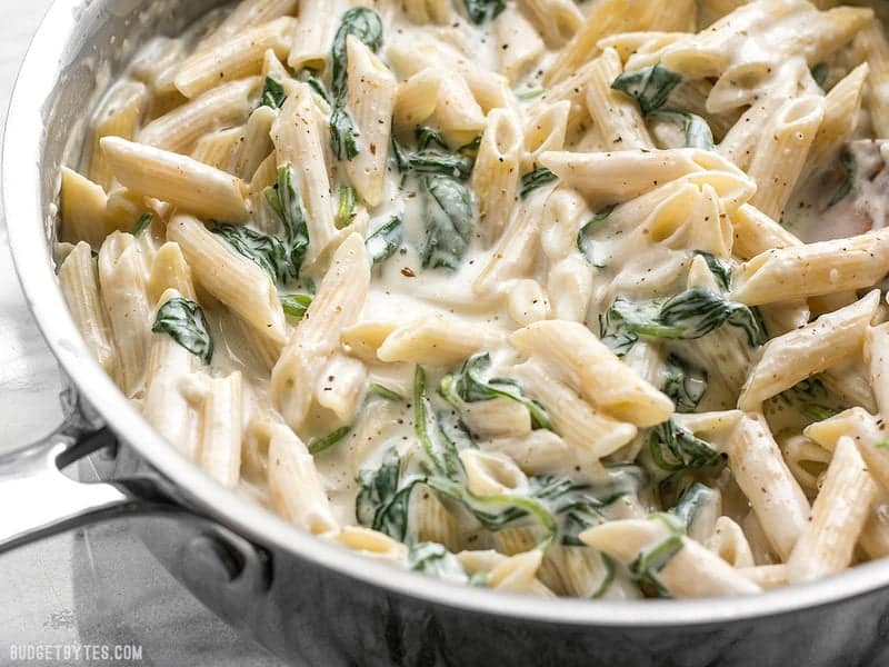 Close up view of the super creamy sauce for the "lighter" Spinach Alfredo Pasta