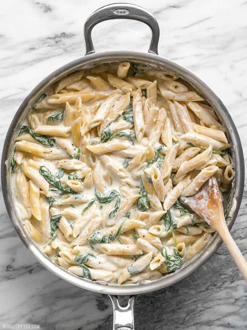 A pan full of easy and delicious "lighter" Spinach Alfredo Pasta