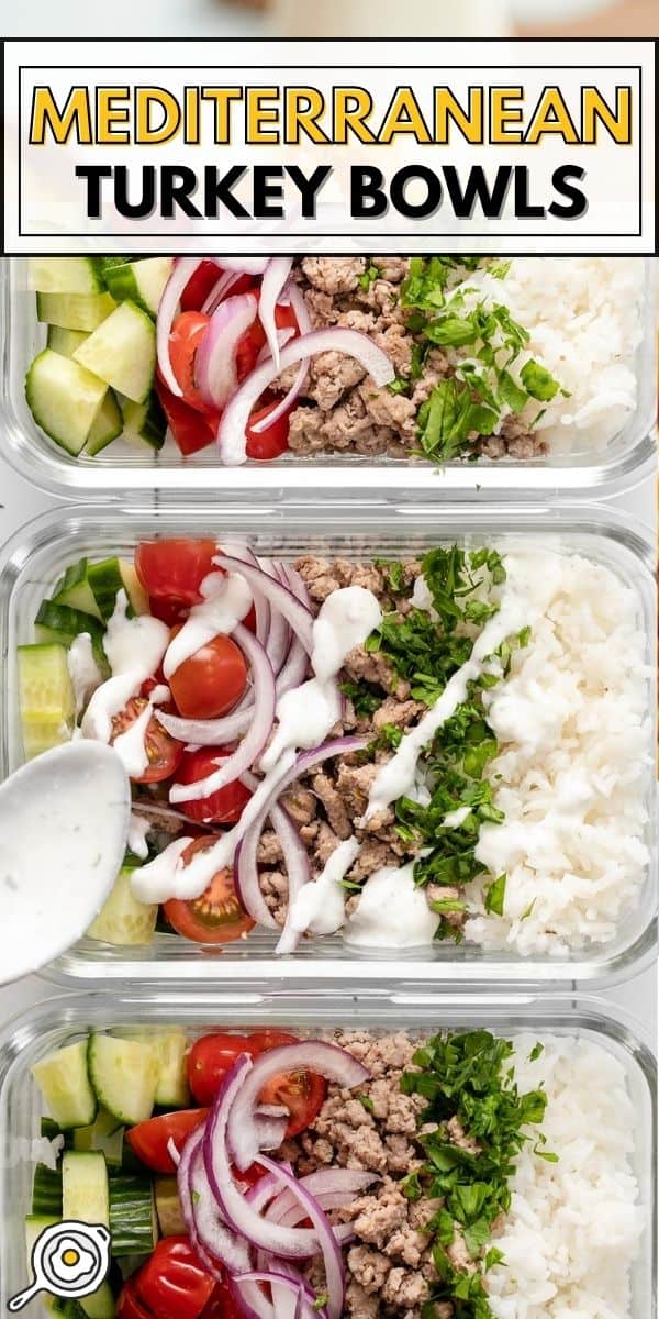 Three glass meal prep containers full of Mediterranean Turkey BOwls.