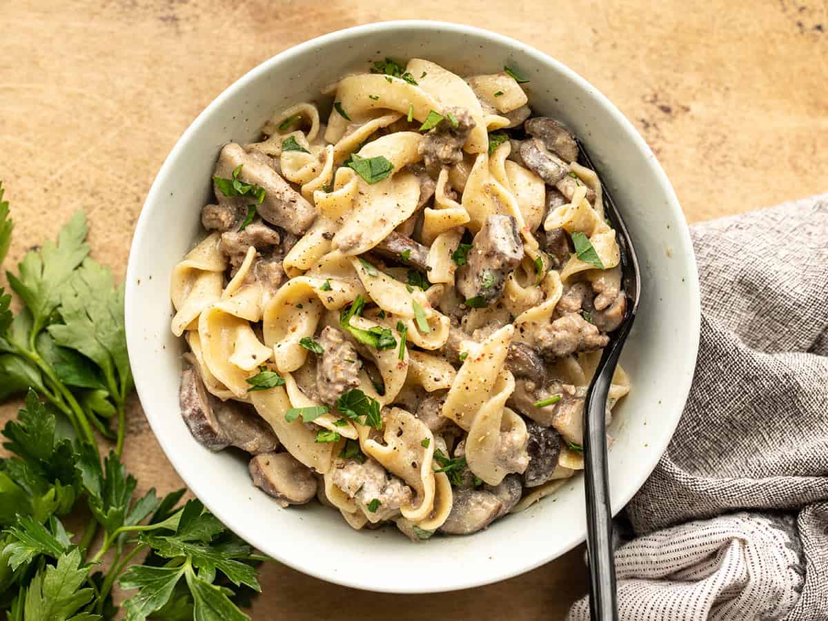 Overhead view of a bowl full of beef and mushroom stroganoff