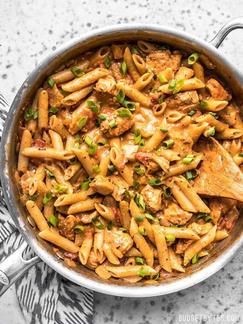 One Pot Creamy Cajun Chicken Pasta ready to be served out of the pan.
