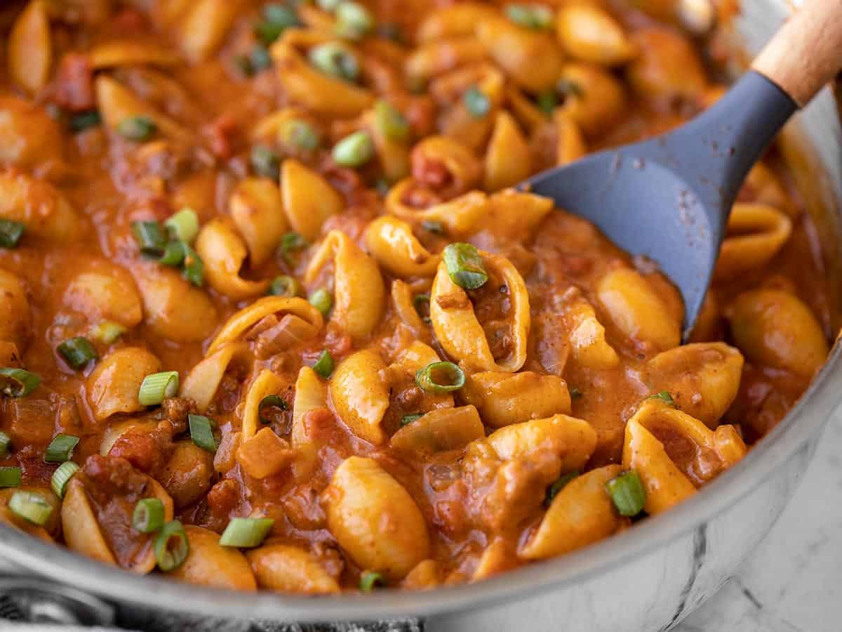 Close up of beef taco pasta in the skillet