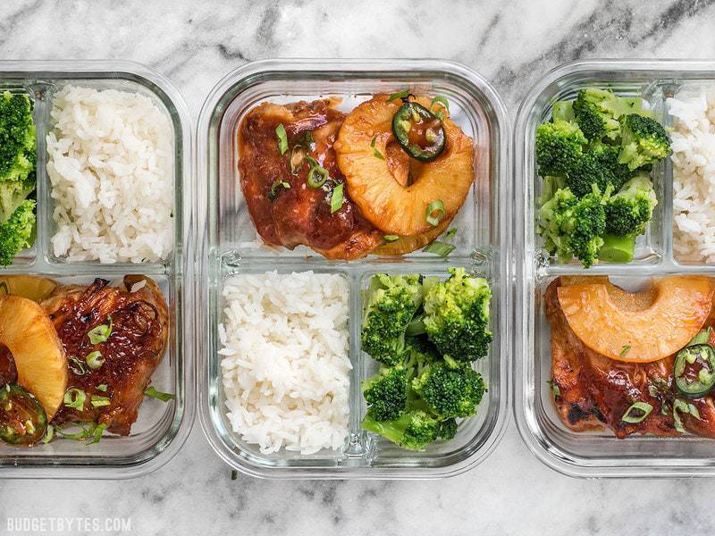 This Pineapple BBQ Chicken Meal Prep includes sweet and tangy chicken, rich and savory coconut rice, and tender broccoli florets. BudgetBytes.com