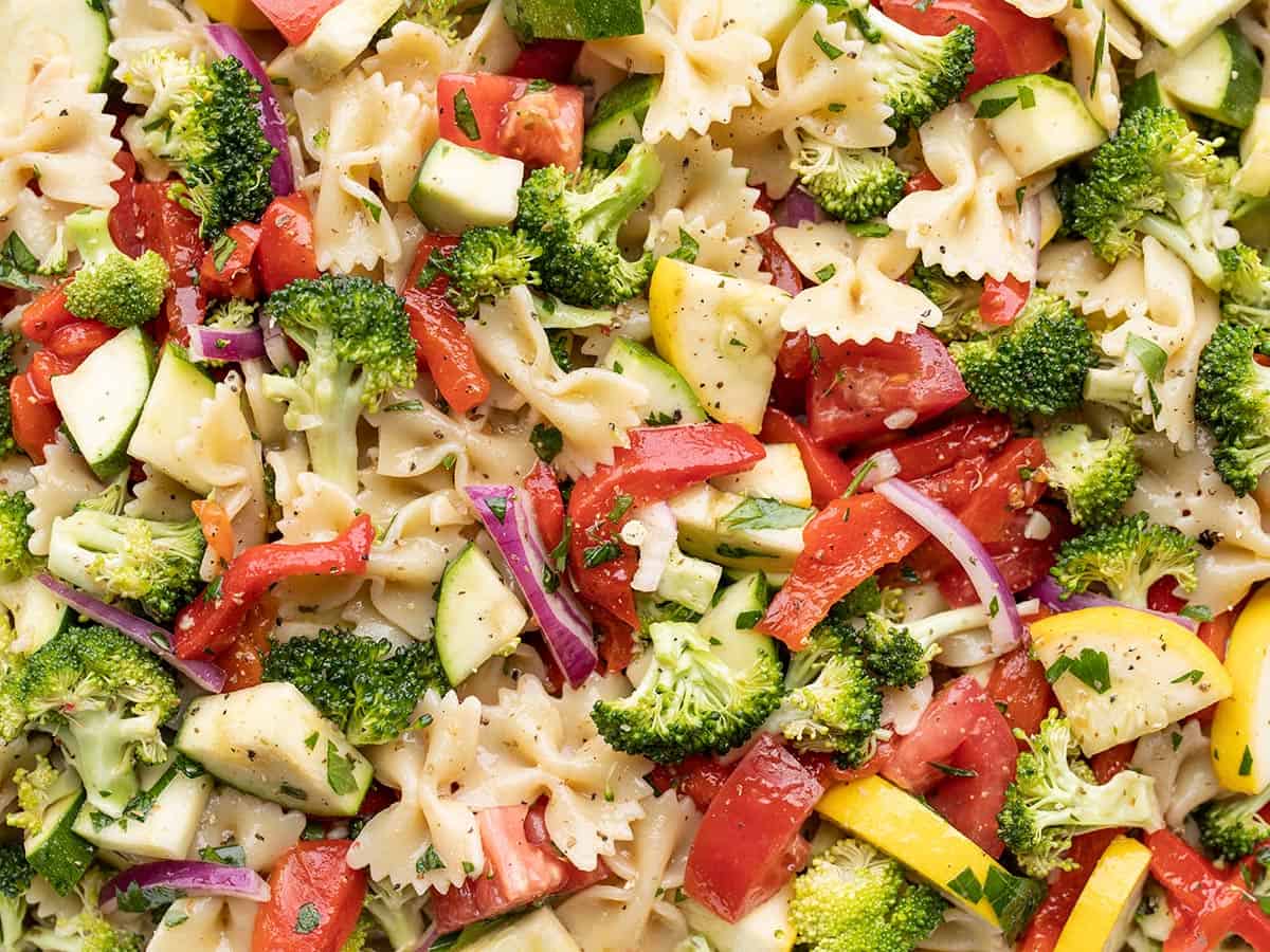 Close up view of summer vegetable pasta salad