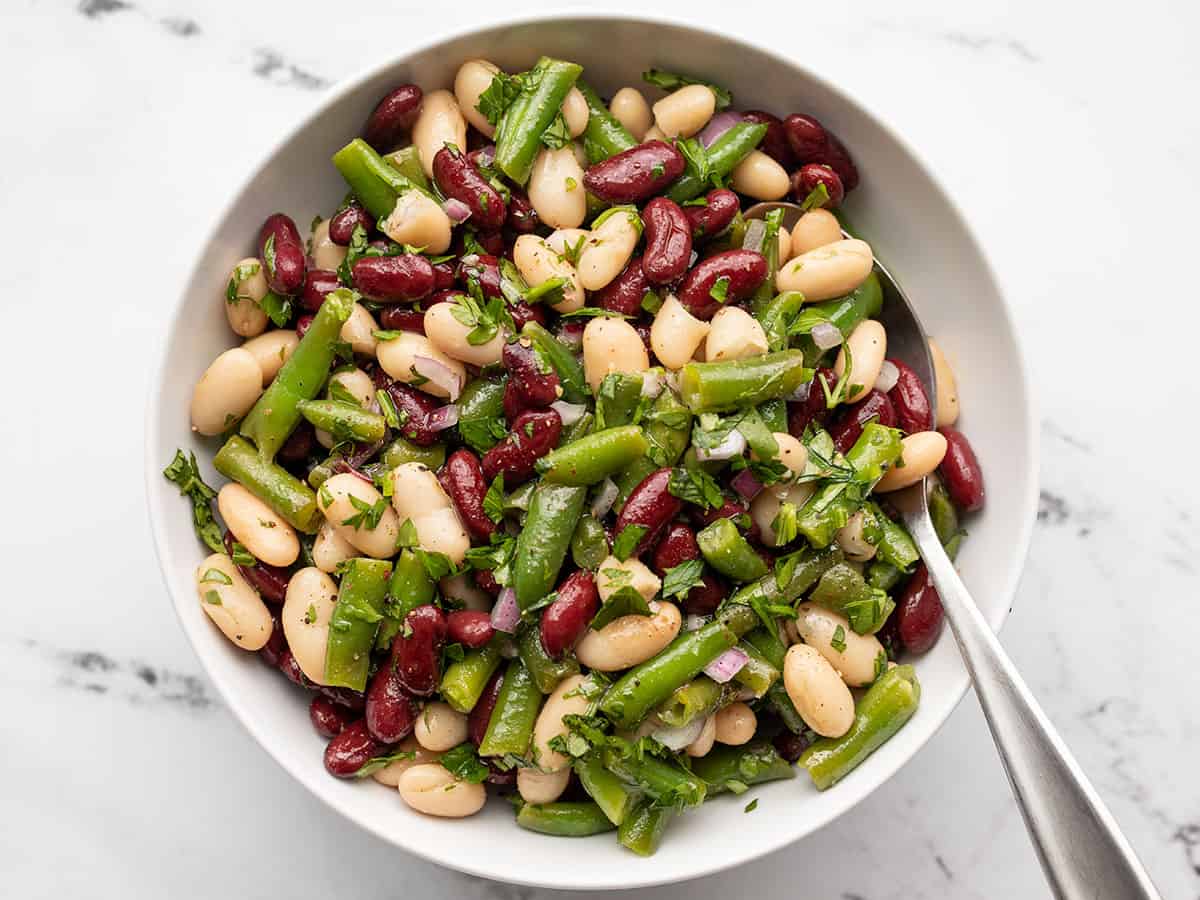 Overhead view of a bowl of three bean salad