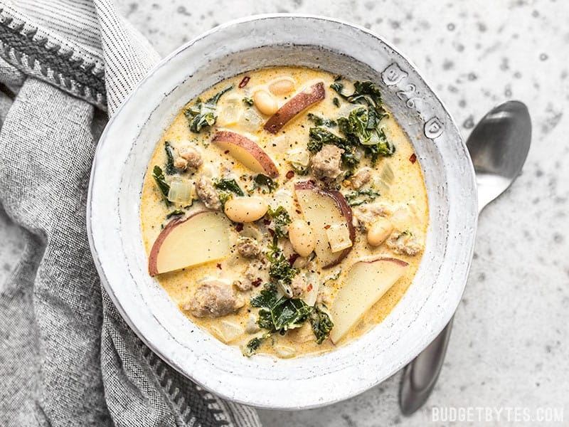 A bowl of rich and creamy homemade Zuppa Toscana ready to be eaten