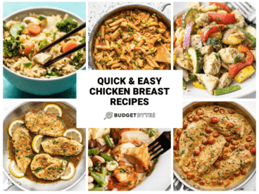 A collage of chicken breast recipes, from top left to right: one-pot chicken teriyaki and rice, one-pot cajun chicken pasta, pesto chicken and vegetables, creamy pesto chicken, bbq cheddar baked chicken, and easy lemon pepper chicken.